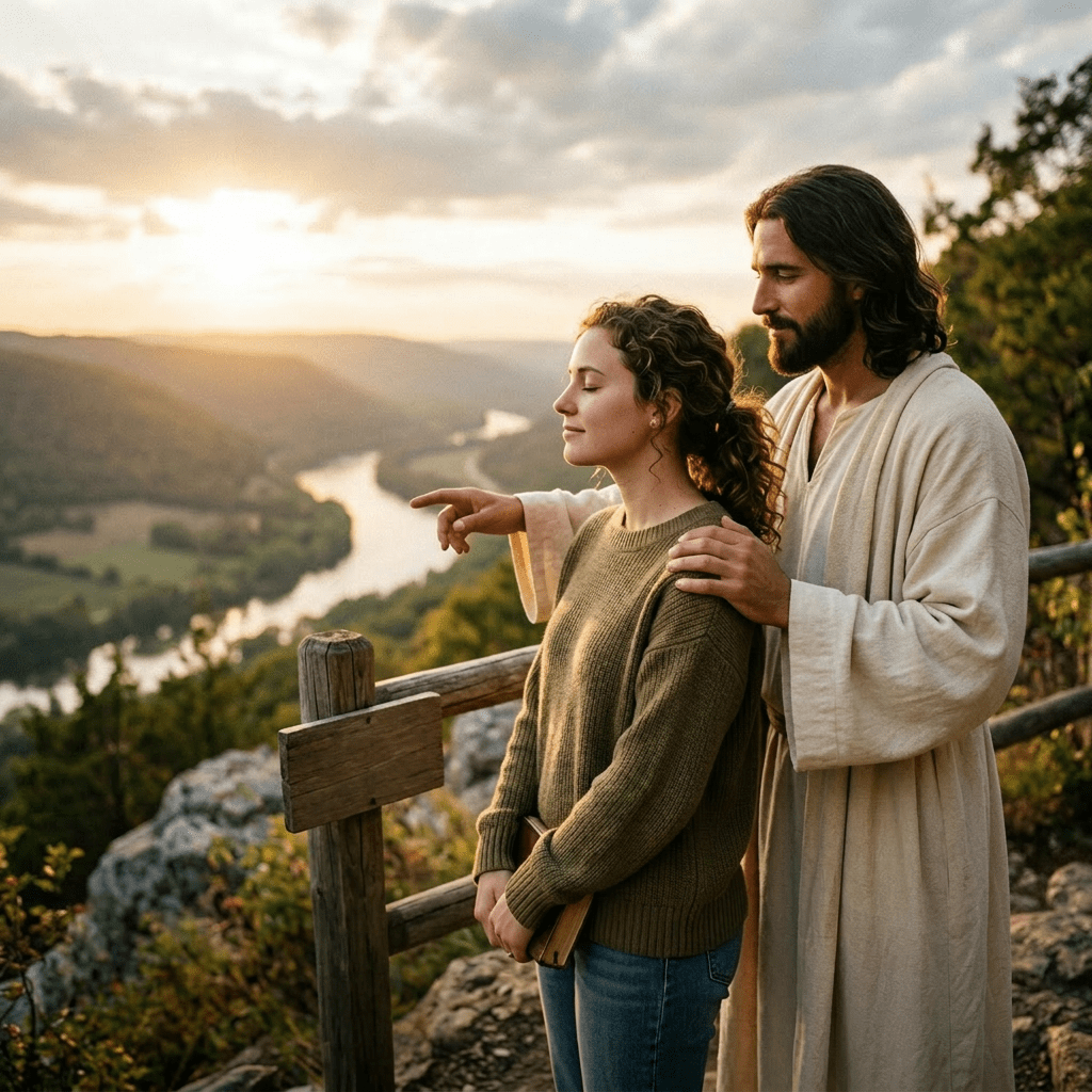 Man dressed as Jesus with hand on woman's shoulder pointing toward river valley at sunset