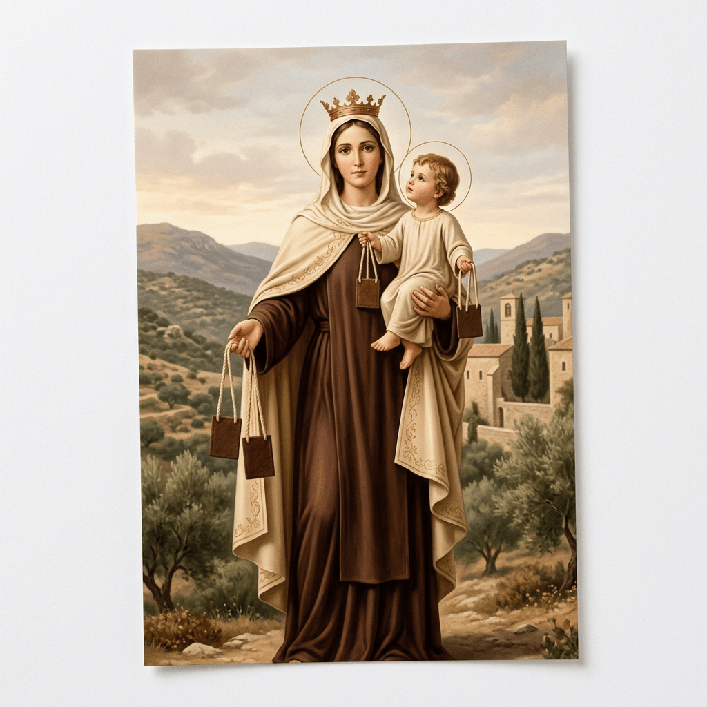 Our Lady of Mount Carmel crowned, holding Child Jesus, both with halos and brown scapulars, set against a mountainous background