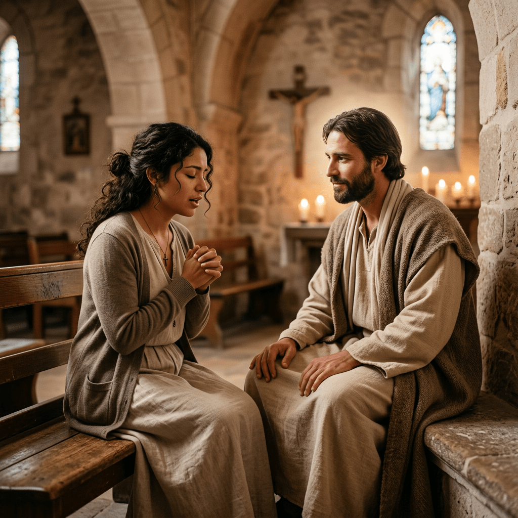 A woman praying with hands clasped while a man listens in a stone church interior