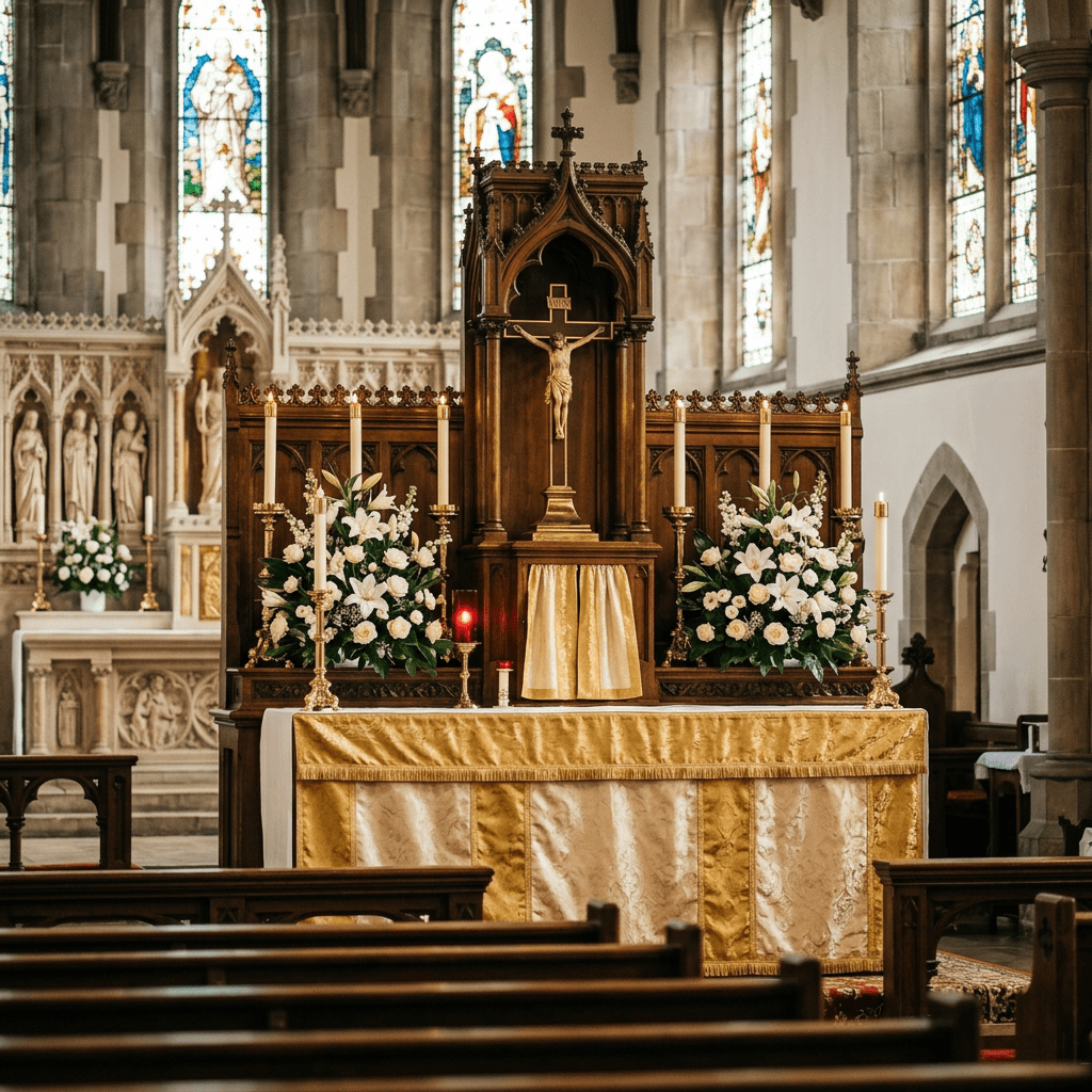 Catholic church altar decorated with white flowers, candles, and a wooden crucifix.