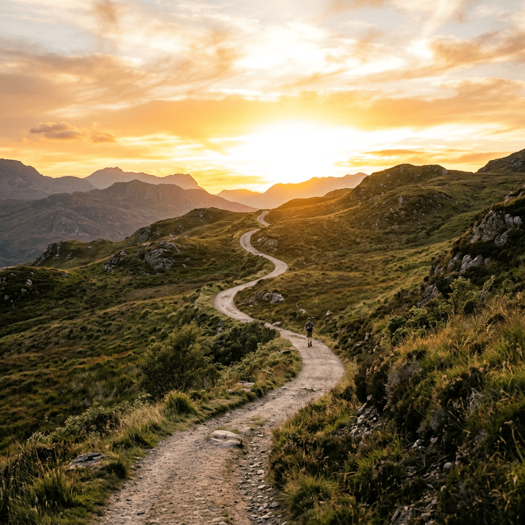 A winding dirt trail through grassy hills with a person hiking towards the setting sun