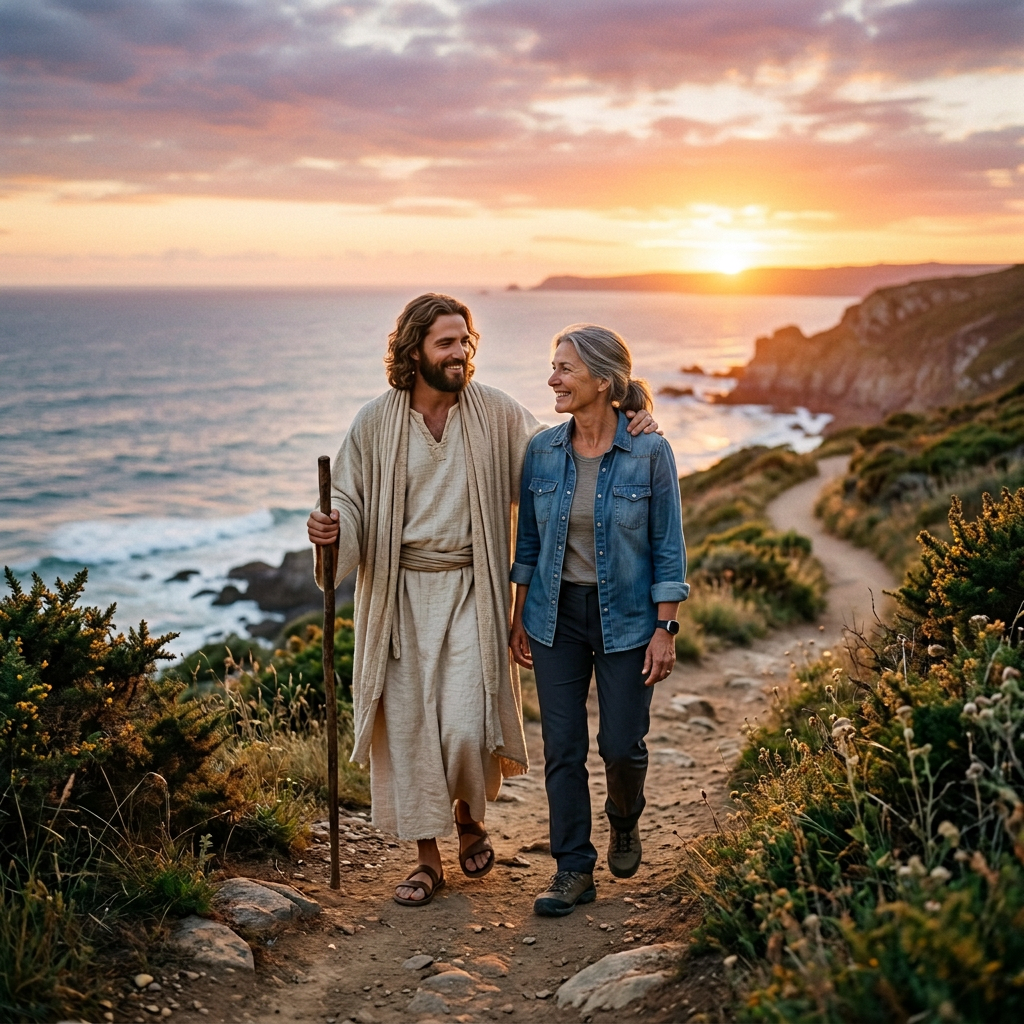 Two men walking on a coastal trail at sunset, one dressed in ancient robes holding a staff, the other in casual modern clothing.
