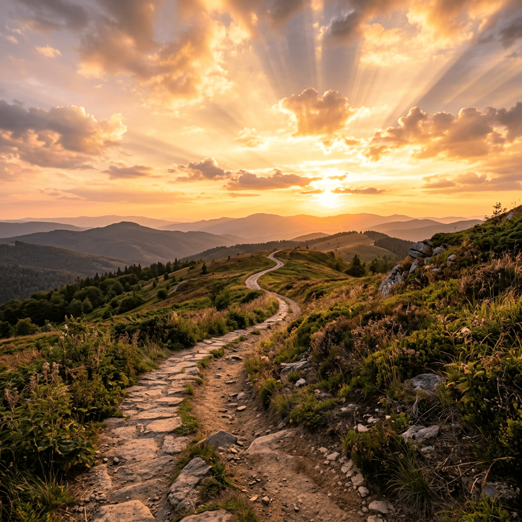 Mountain trail winding through green hills with sun setting on horizon